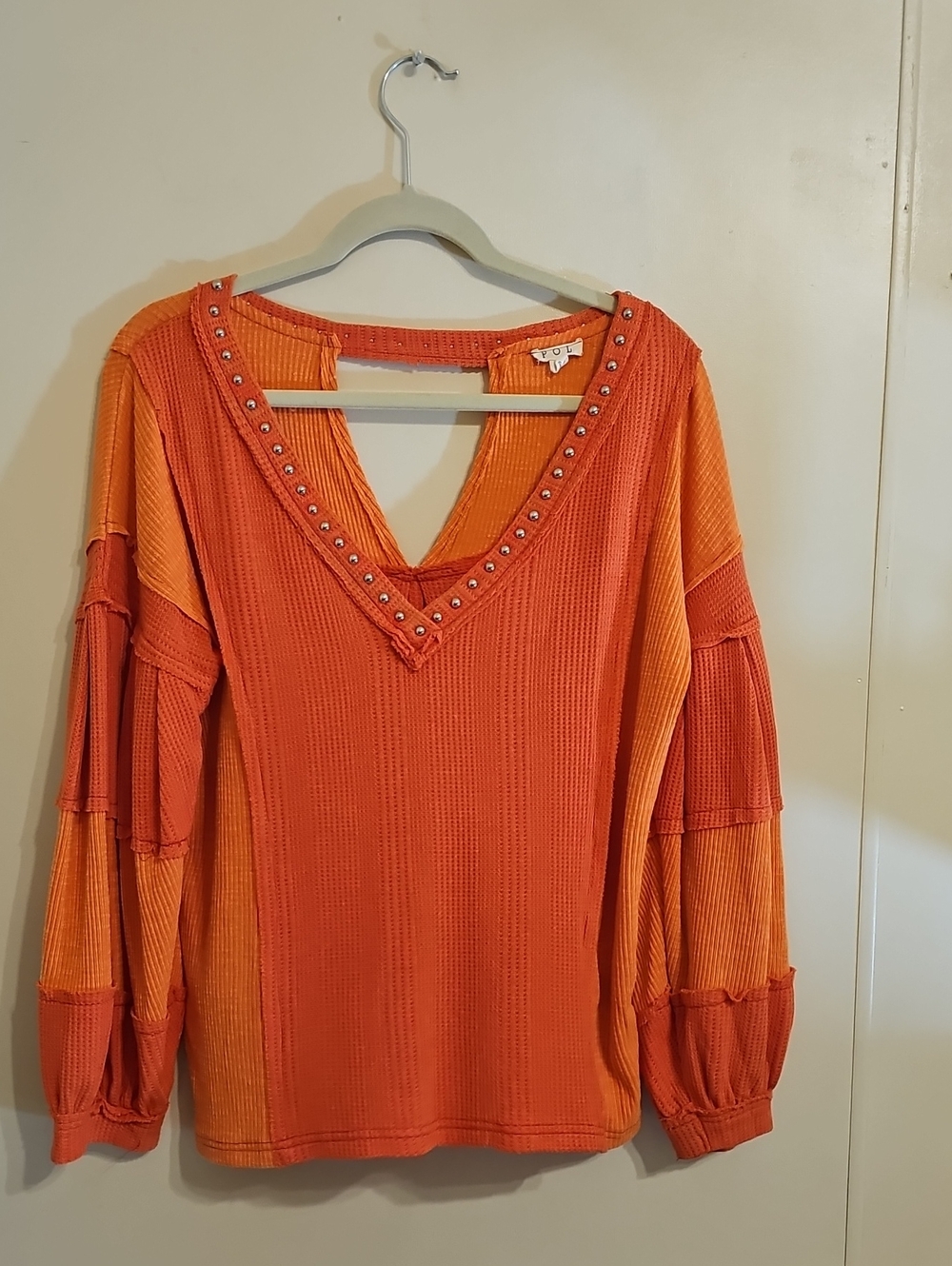 POL Orange Studded V-Neck Long Sleeve Top Size M Boho